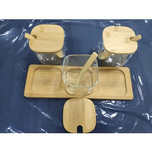 Bambu Kapaklı Kaşıklı 3lü Cam Baharatlık