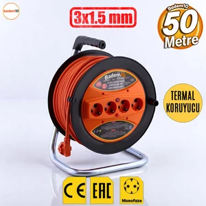 Makaralı CCA Uzatma Kablosu 3x1.5 mm 50 Metre Plastik Seyyar 4 Prizli Monofaze Termal Sigortalı