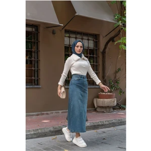 Kadın Yıldız Rivetli Doğal Kumaş Kot Etek 94 cm Uzunlukta Mavi Renk