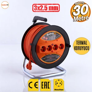 Makaralı CCA Uzatma Kablosu 3x2.5 mm 30 Metre 4 Prizli Monofaze Termal Sigortalı Plastik Seyyar