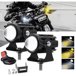 Motosiklet Mini Sis Farı Çift Renk Sarı-Beyaz Aç Kapa Düğmeli Scooter Araç Off Road LED Lamba 8V-80V Projektör Metal Kasa Arazi Çalışma Lambası 2 Adet Set