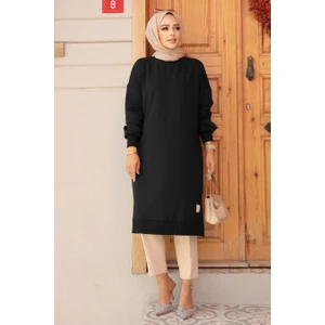 Neva Style Siyah Tesettür Tunik – %87 Viskon, %13 Naylon, Sıfır Yaka, Uzun Kollu, Lastikli Manşet, Yırtmaçlı Etek, 2024 Moda Trendi