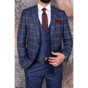 Paco Romano Erkek Slim Fit Sivri Yaka Açık Lacivert Ekose Kombin Yelekli Takım Elbise
