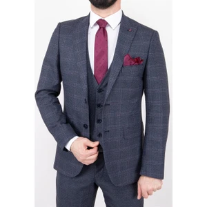 Paco Romano Erkek Slim Fit Sivri Yaka Koyu Lacivert Ekose Kombin Yelekli Takım Elbise