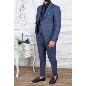 Paco Romano Erkek Slim Fit Sivri Yaka Açık Lacivert Yelekli Takım Elbise