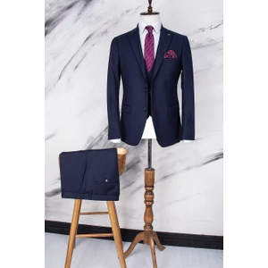 Paco Romano Erkek Slim Fit Sivri Yaka Lacivert Yelekli Takım Elbise