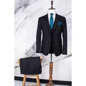 Paco Romano Erkek Slim Fit Sivri Yaka Siyah Yelekli Takım Elbise