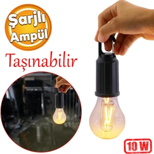 Rustik Taşınabilir Şarjlı Tasarruflu Ampul 10W LED Lamba Type-C Şarj Askılı Asma Aydınlatma