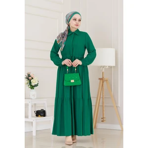 Gömlek Yaka Beli Tünelli Sare Elbise-Zümrüt Yeşili