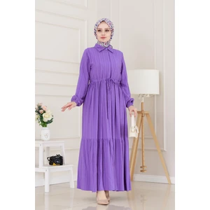 Gömlek Yaka Beli Tünelli Sare Elbise-Mor