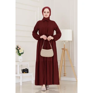Gömlek Yaka Beli Tünelli Sare Elbise-Bordo