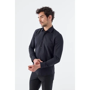 Siyah Slim Fit İtalyan Yaka Uzun Kol Klasik Kravatlık Pamuklu Gömlek
