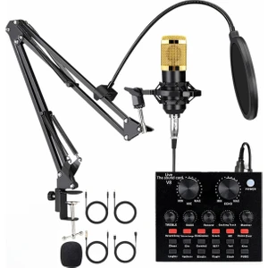 BM-800 + V8 Ses Kartı Sarı Podcast Tiktok Youtube Yayıncı Condenser Mikrofon ve Ses Kartı Set