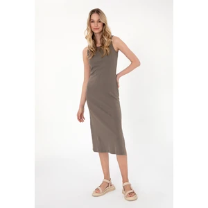 U.S. Polo Assn. Kadın Vizon Yırtmaçlı Kolsuz Bisiklet Yaka Midi Boy Örme Elbise 50305872-VR052