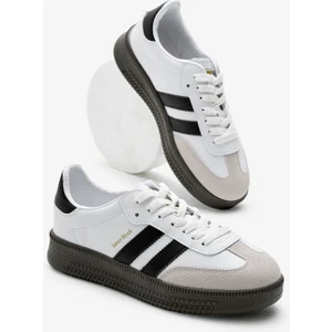 Tonny Black Beyaz Gri Kalın Termo Taban Yanı Şeritli Bağcıklı Spor Ayakkabı