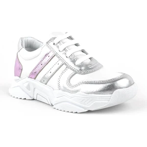 Hakiki Deri Gümüş Pembe Kalın Tabanlı Kız Çocuk Sneakers Ayakkabı