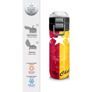 Coral High Kids Sarı Kırmızı 5 Yıldız Aslan Taraftar Desenli Pipetli ve Direkt Içim Çelik Termos 500 ml 31792