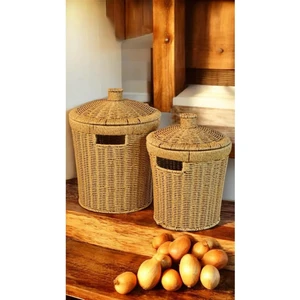 Wicker 2'li Hasır Kapaklı Patates Soğan Sepet Set 2 Boy Sunum Sebzelik Örgü Çamaşır Sepeti Dekor