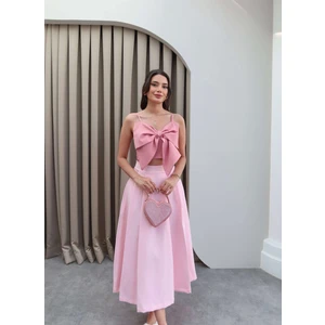 Pembe Kloş Kalın Pilili Midi Etek