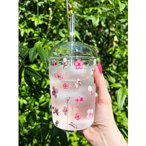 Caga Home Kiraz Çiçeği Baskılı Isıya Dayanıklı Borosilikat Cam Pipetli Ve Kapaklı Pinterest Bardak Kahve Sunum Bardağı