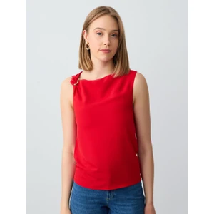 Jimmy Key Kırmızı Düz Kesim Kayık Yaka Kolsuz Dokuma Bluz