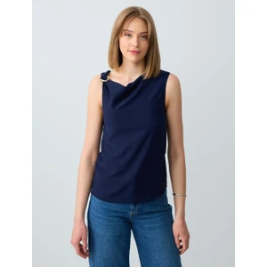 Jimmy Key Lacivert Düz Kesim Kayık Yaka Kolsuz Dokuma Bluz