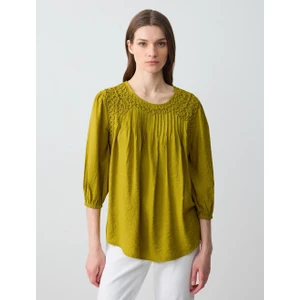 Jimmy Key Yağ Yeşili Rahat Kesim Yuvarlak Yaka Truvakar Kol Desenli Dokuma Bluz