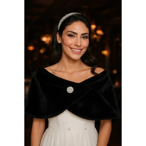 Elegance Scarf Kısa Broşlu Kürk Etol Gelin Bolero Siyah Standart Ebat