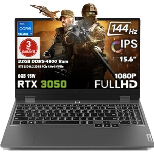 LOQ 15IRX9 Intel Core i7 13650HX 32GB 1TB SSD RTX 3050 6GB (95W) 15.6" FHD 144Hz IPS Panel Freedos Taşınabilir Bilgisayar 83DV011BTR