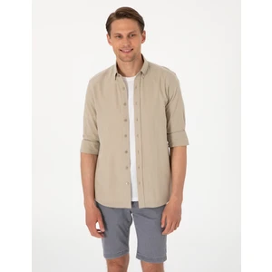 Pierre Cardin Erkek Haki Keten Görünümlü Slim Fit Uzun Kollu Gömlek 50307025-VR027