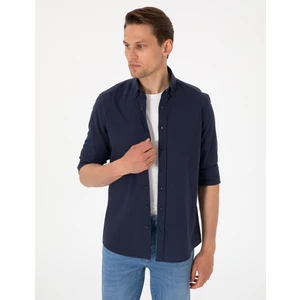 Pierre Cardin Erkek Koyu Lacivert Keten Görünümlü Slim Fit Uzun Kollu Gömlek 50307025-VR100