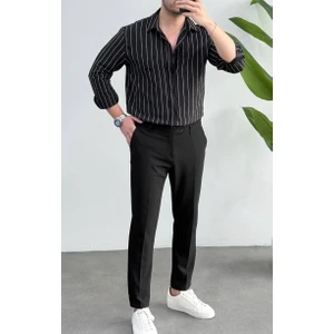 Erkek Flam Çizgili Oversize Keten Gömlek