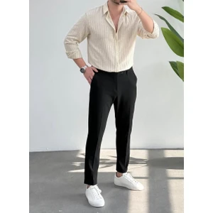 Erkek Flam Çizgili Oversize Keten Gömlek