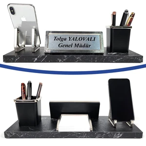 Vizyon Siyah Mermer Desenli Ofis Masa Isimliği Kalemlik Seti Yeni Iş Ofis Hediyesi Masa Üstü Isimlik