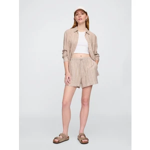 Kadın Bej Çizgili Keten Karışımlı Şort