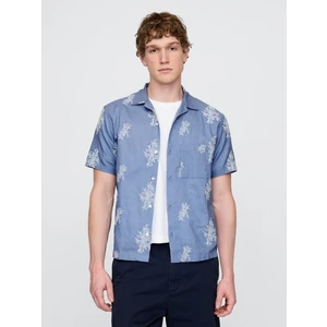 Erkek Mavi Keten Karışımlı Desenli Gömlek