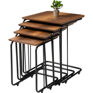 C Mdf Zigon Sehpa Barok Ceviz Desen 4'lü Set, Tekerli Siyah Metal Ayak, Iç Içe Geçebilir