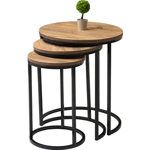 Dünya Yuvarlak Zigon Sehpa Diş Budak Desen 3'lü Set, Siyah Metal Ayak, Iç Içe Geçebilir