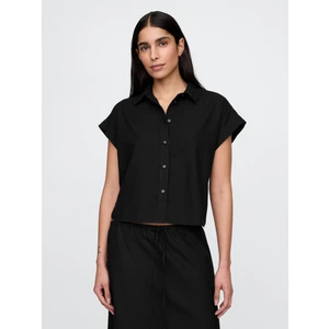 Kadın Siyah Keten Karışımlı Crop Gömlek