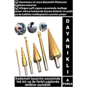 Isıya Aşınmaya Dayanıklı Ahşap Metal Plastik Kablolu Şarjlı Uyumlu 6'lı Kademeli Matkap Ucu Seti