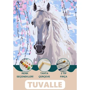 Beyaz Inci At Sayılarla Boyama Seti, Hobi Seti, 40X50 Tablo, Fırça Boya Asma Aparatı Dahil, Doğa