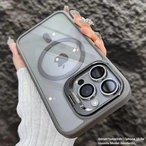 iPhone 15 Plus Uyumlu Kılıf Klon Stantlı + Lens Korumalı Magsafe Kapak