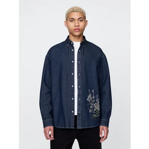 Erkek Lacivert Işlemeli Denim Big Gömlek
