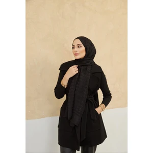 Jakarlı Kazayağı Desen Şal - Siyah , Özel Dokulu, Şık ve Hafif