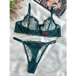 Koyu Yeşil Büyük Beden C Cup Dantelli Brode Iç Çamaşır Takımı Bralette (Balenli Sütyen &tanga)