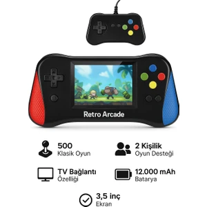 Retro El Oyun Konsolu, 500 Hd Klasik Oyun Dahili, 3.5" IPS Ekran, 1200MAH Pil, 2 Oyunculu