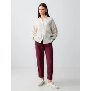 Jimmy Key  Bordo Yüksek Bel Dar Paça Dokuma Keten Pantolon