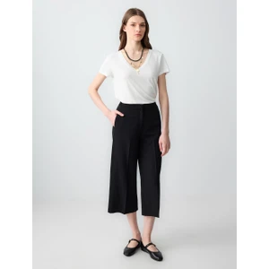 Jimmy Key  Siyah Yüksek Bel Bol Paça Rahat Kesim Kısa Dokuma Pantolon