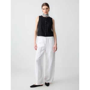 Jimmy Key  Beyaz Rahat Kesim Yüksek Bel Bol Paça Keten Pantolon