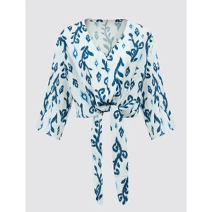 Jimmy Key  Yeşil V Yaka Truvakar Kol Desenli Crop Keten Gömlek